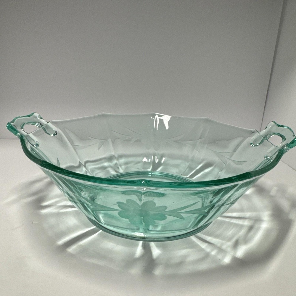 VTG Uranium Green Glass Decagon Handled Bowl Etched‎ Floral 10 1/2" Depression